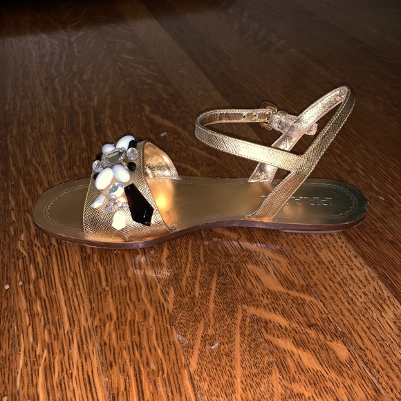 Prada Gold Leather Crystal Embellished Sandals - Picture 6 of 14